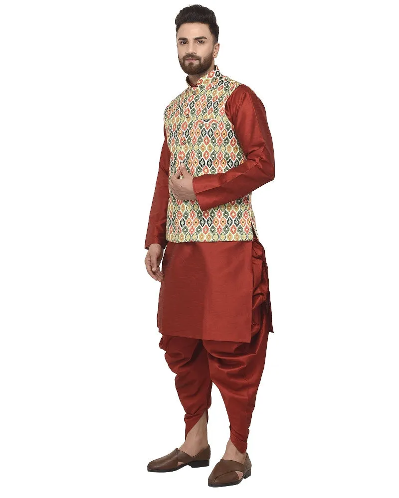 Men's Maroon Kurta With Dhoti & Green Printed Nehru Jacket - Benstoke