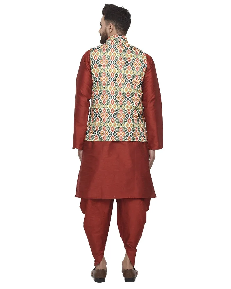 Men's Maroon Kurta With Dhoti & Green Printed Nehru Jacket - Benstoke