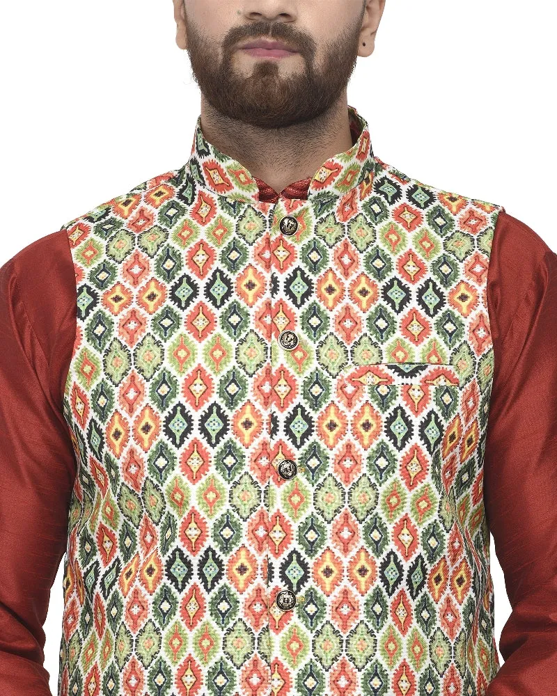 Men's Maroon Kurta With Dhoti & Green Printed Nehru Jacket - Benstoke