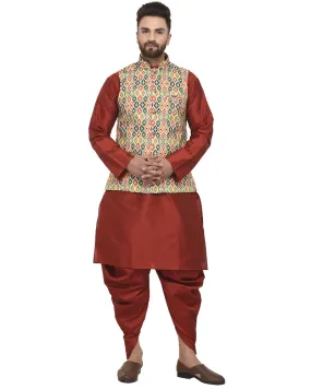 Men's Maroon Kurta With Dhoti & Green Printed Nehru Jacket - Benstoke