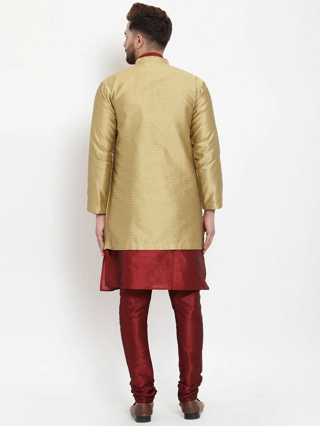 Men's Maroon Kurta With Pyjama & Gold Self Design Jacket - Benstoke