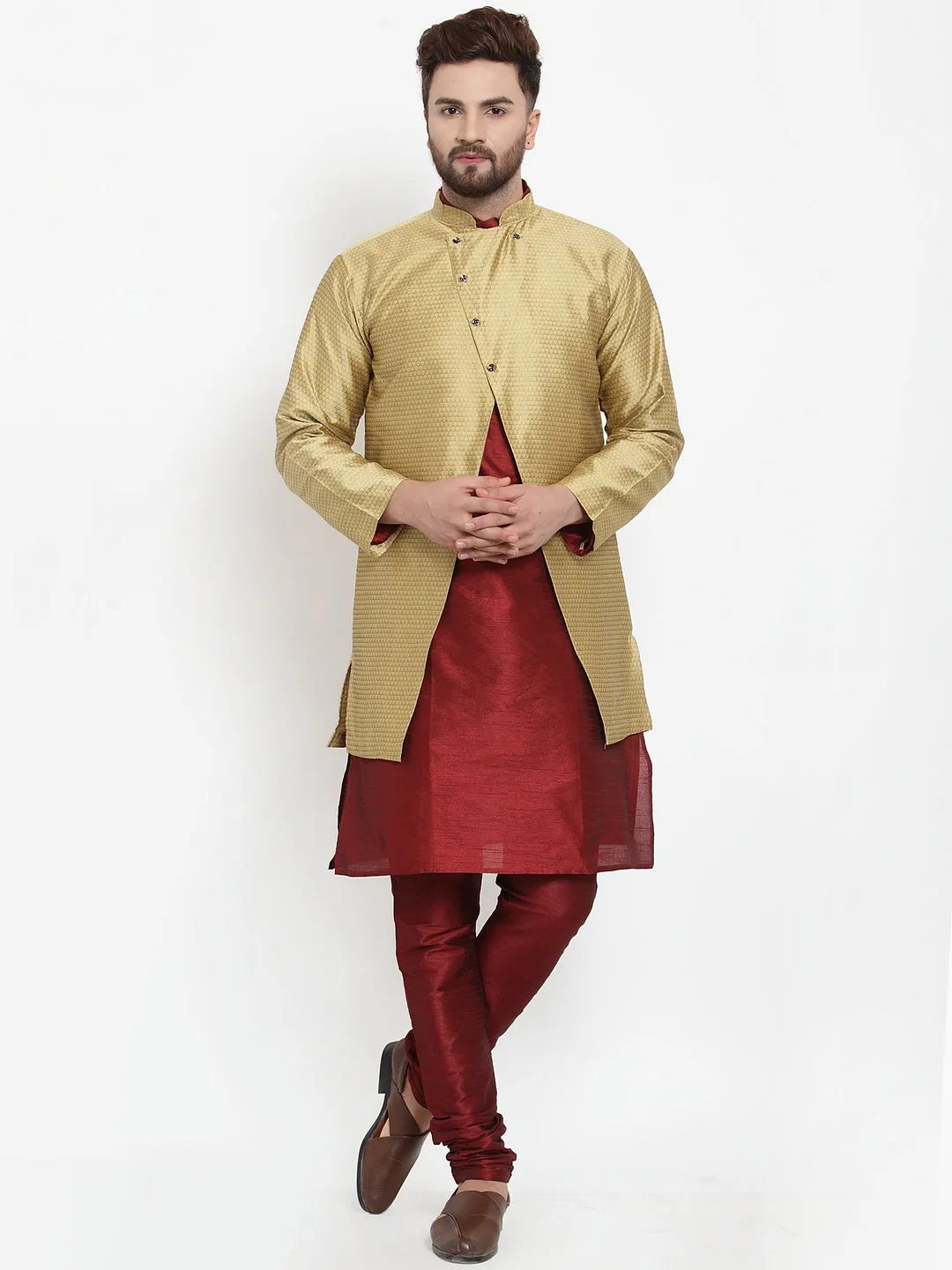 Men's Maroon Kurta With Pyjama & Gold Self Design Jacket - Benstoke