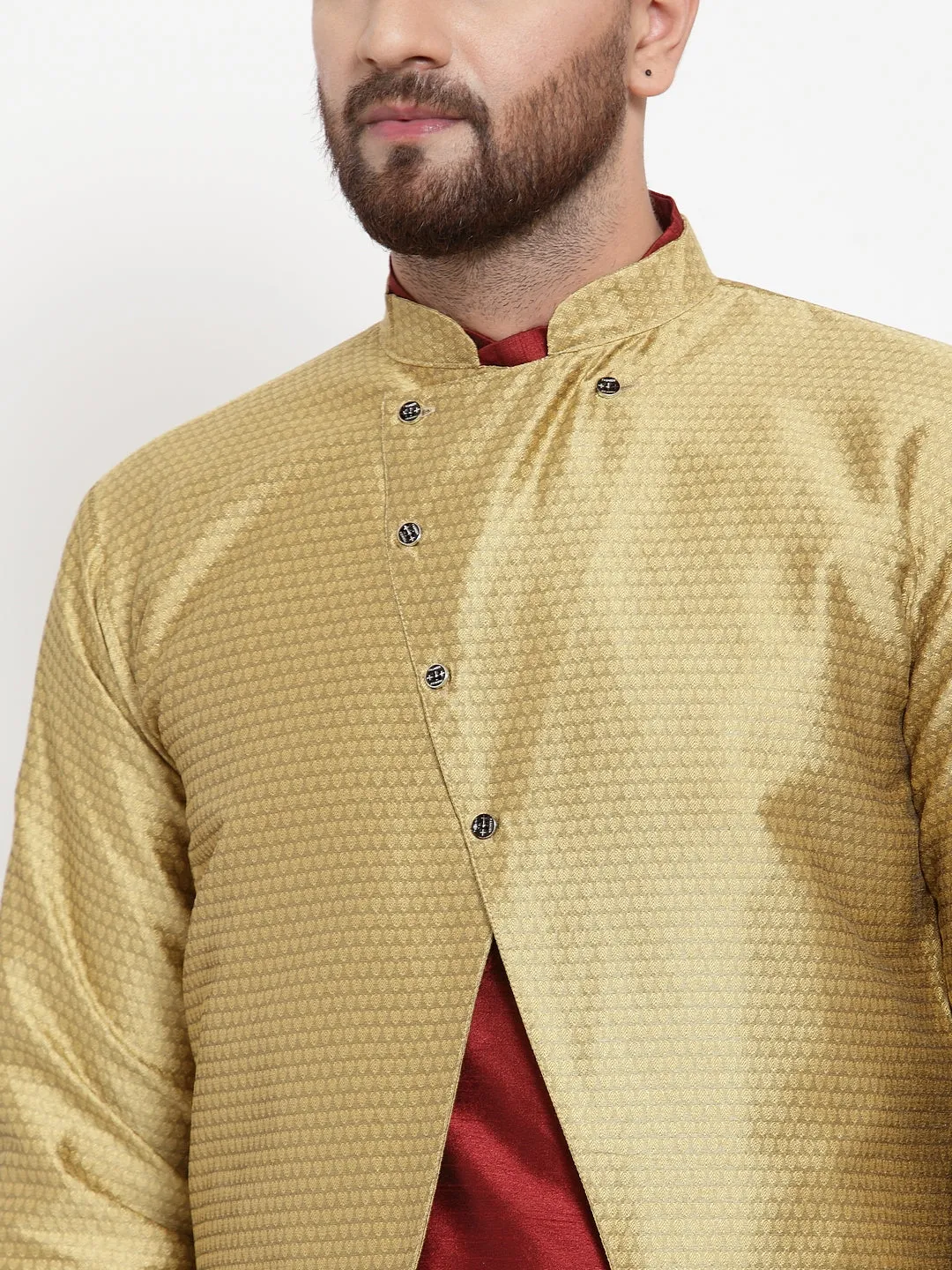 Men's Maroon Kurta With Pyjama & Gold Self Design Jacket - Benstoke