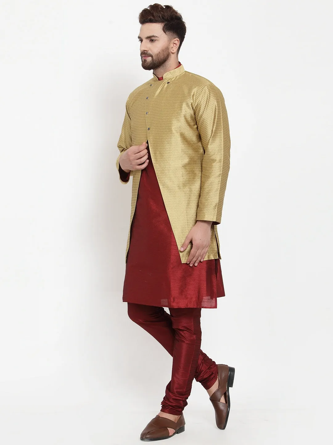 Men's Maroon Kurta With Pyjama & Gold Self Design Jacket - Benstoke