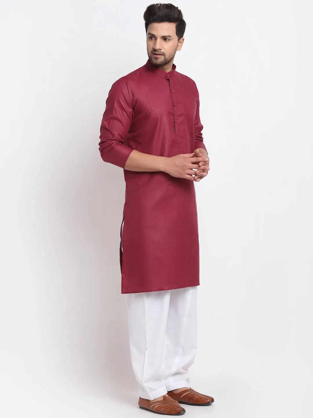 Men's Maroon Solid Kurta With White Salwar - Benstoke