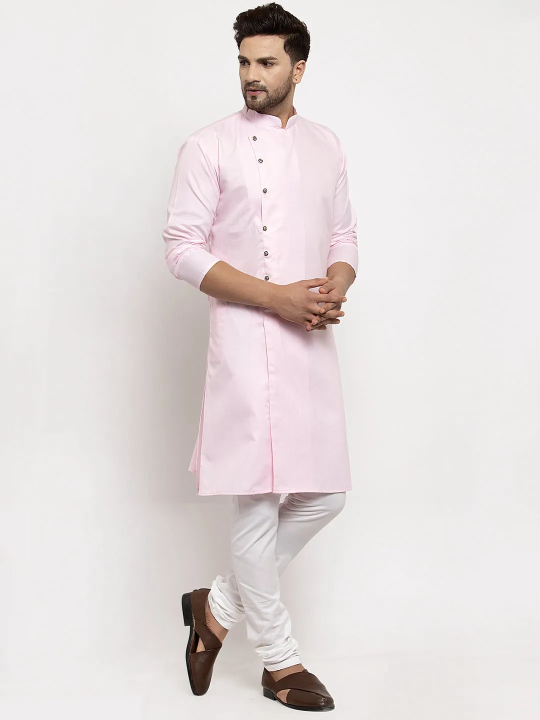 Men's Pink Solid Kurta With White Churidaar Pyjama - Benstoke