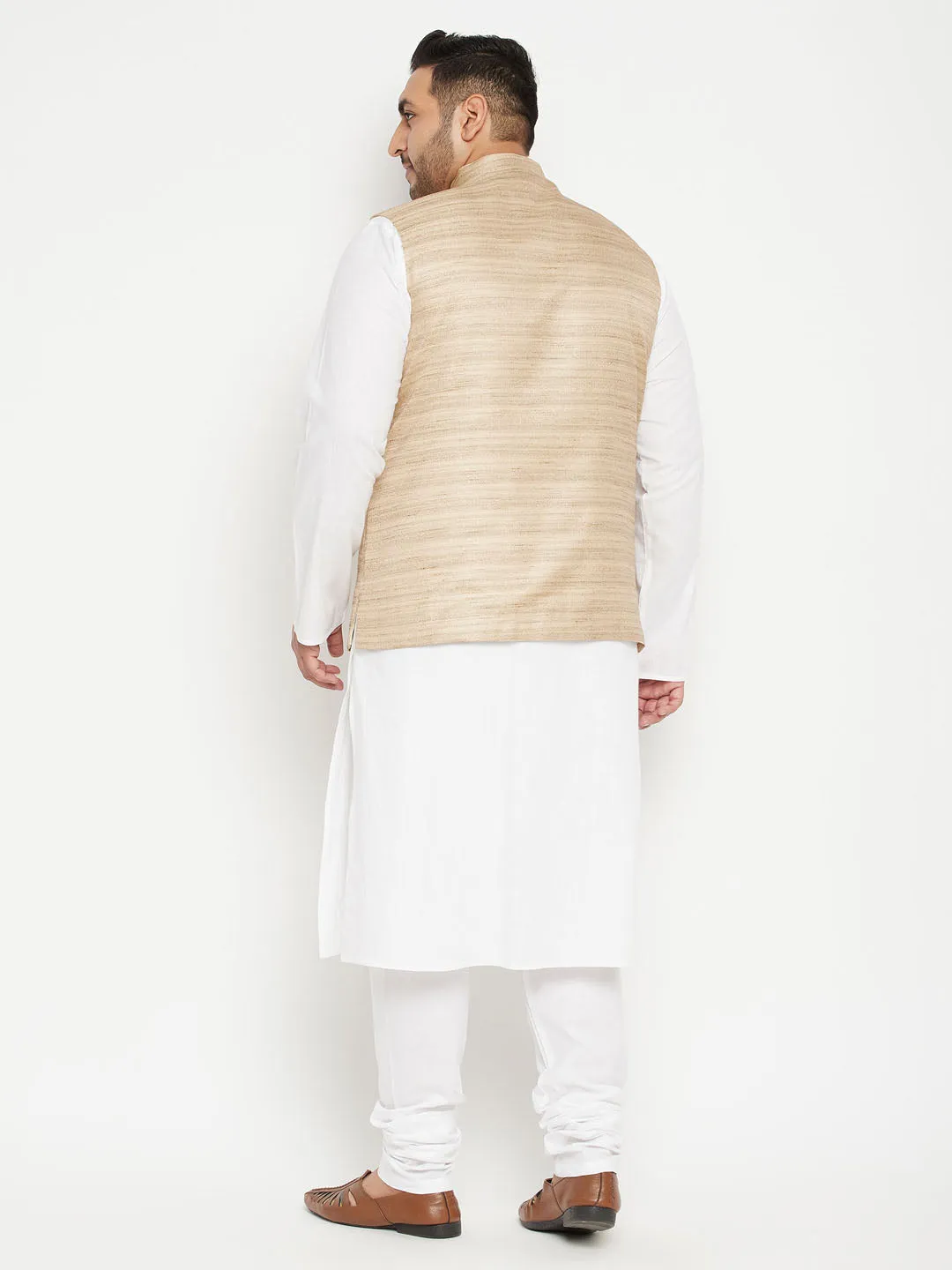 Men's Plus White, Beige And White Cotton Blend Jacket Kurta Pyjama Set - Vastramay