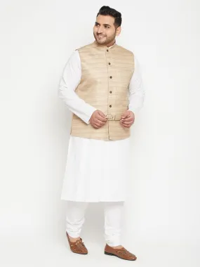 Men's Plus White, Beige And White Cotton Blend Jacket Kurta Pyjama Set - Vastramay