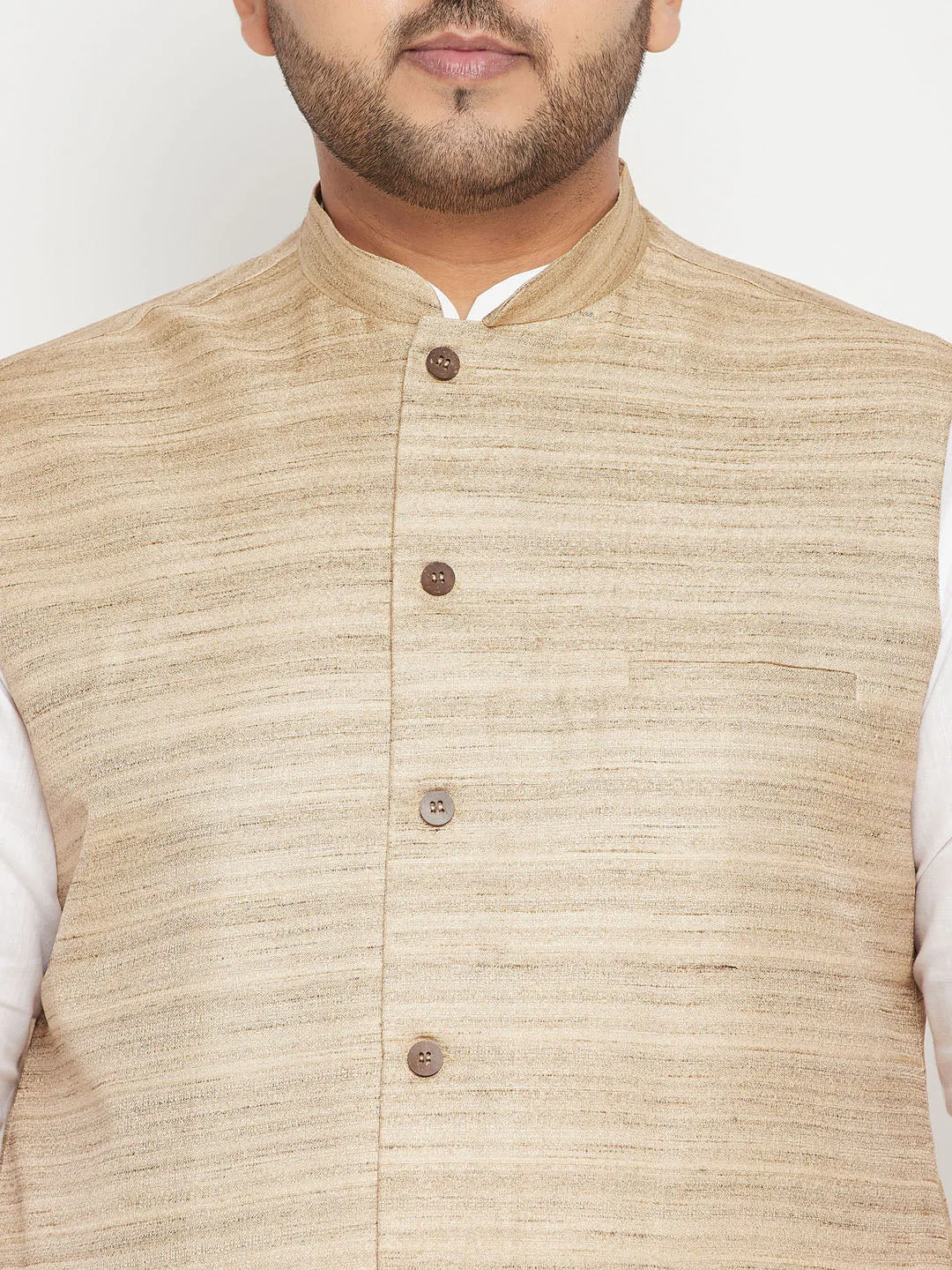 Men's Plus White, Beige And White Cotton Blend Jacket Kurta Pyjama Set - Vastramay