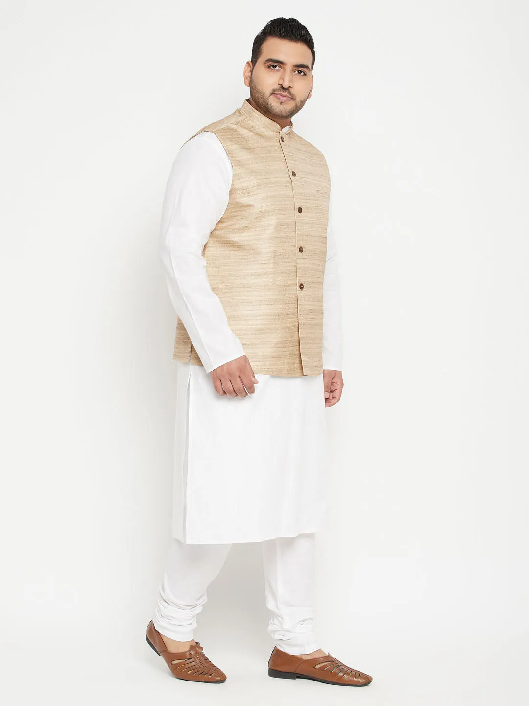 Men's Plus White, Beige And White Cotton Blend Jacket Kurta Pyjama Set - Vastramay