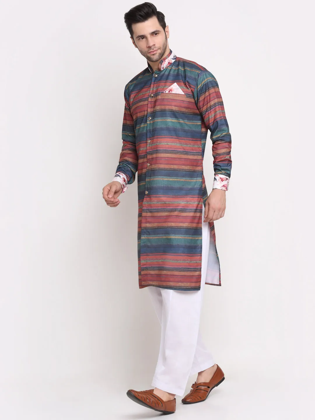 Men's Rust & Navy Blue Printed Kurta With White Pyjamas Set - Benstoke