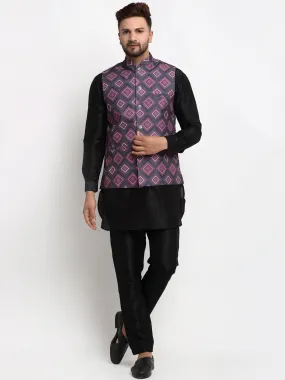 Men's Silk Blend Black Kurta With Pyjama & Purple Printed Nehru Jacket - Benstoke