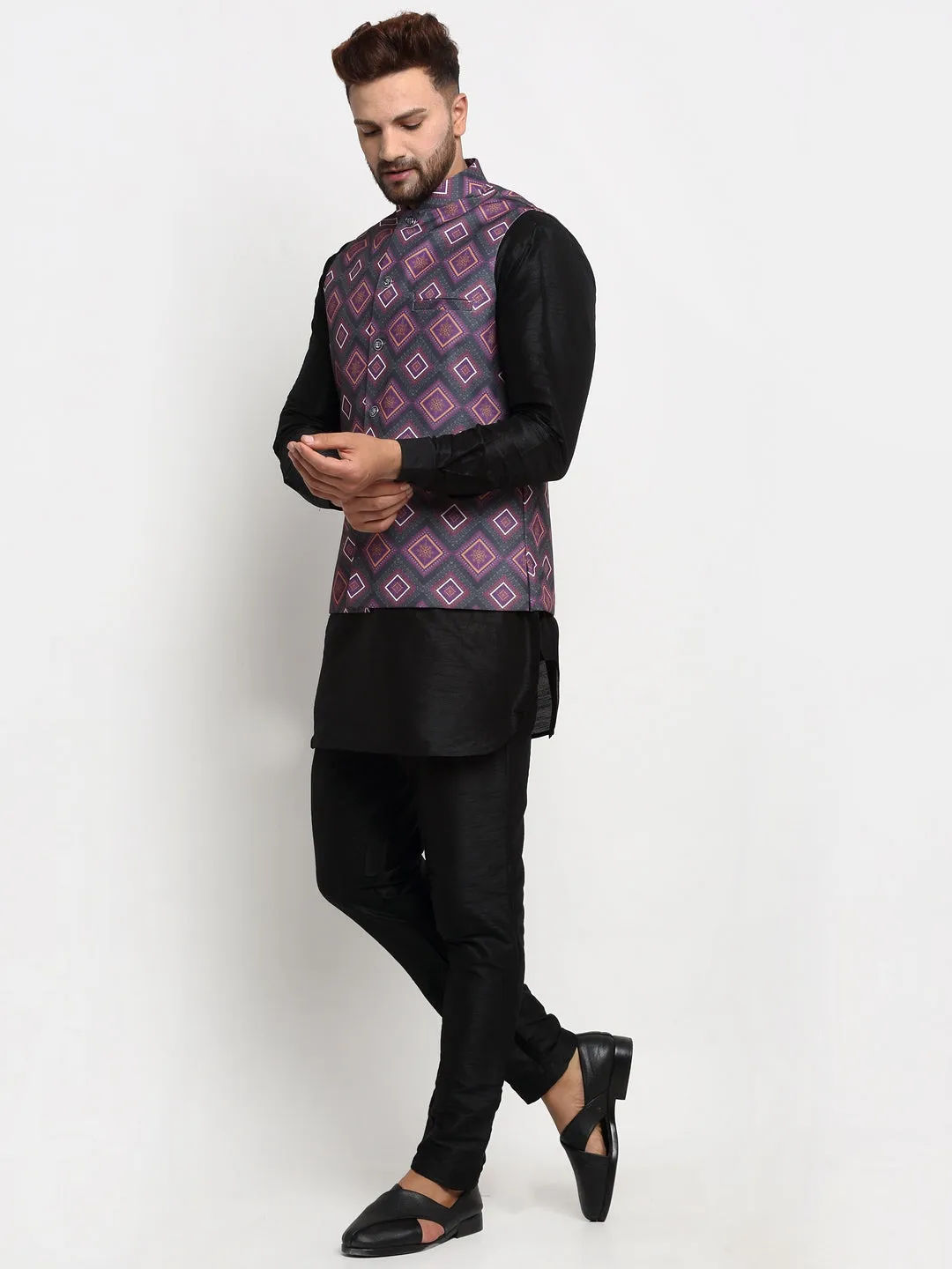 Men's Silk Blend Black Kurta With Pyjama & Purple Printed Nehru Jacket - Benstoke