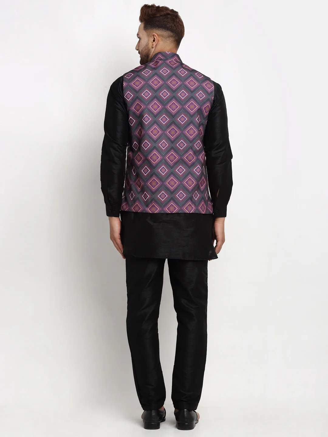 Men's Silk Blend Black Kurta With Pyjama & Purple Printed Nehru Jacket - Benstoke