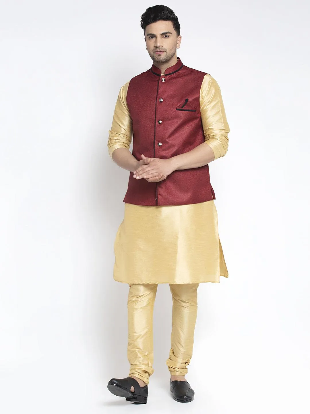 Men's Silk Blend Gold Kurta With Pyjama & Maroon Nehru Jacket - Benstoke