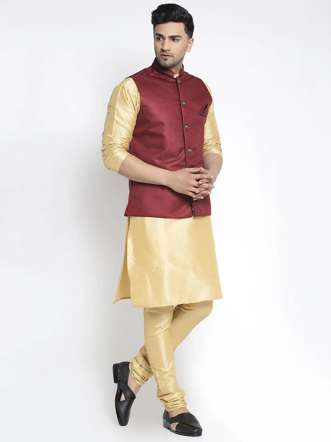 Men's Silk Blend Gold Kurta With Pyjama & Maroon Nehru Jacket - Benstoke