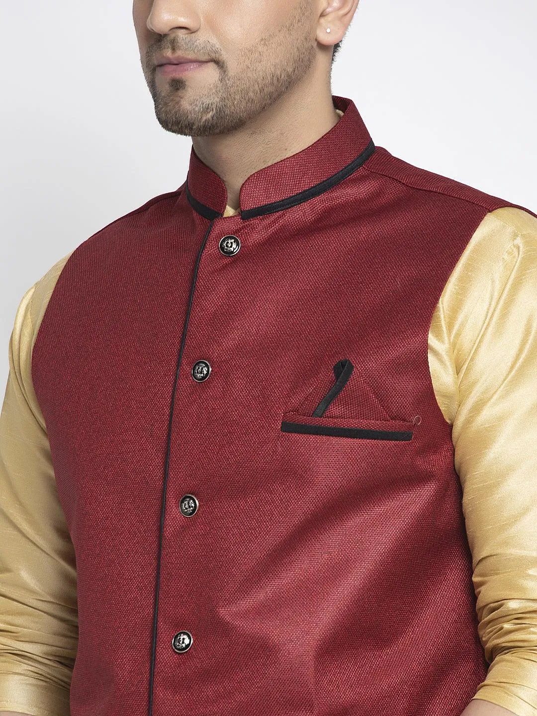 Men's Silk Blend Gold Kurta With Pyjama & Maroon Nehru Jacket - Benstoke