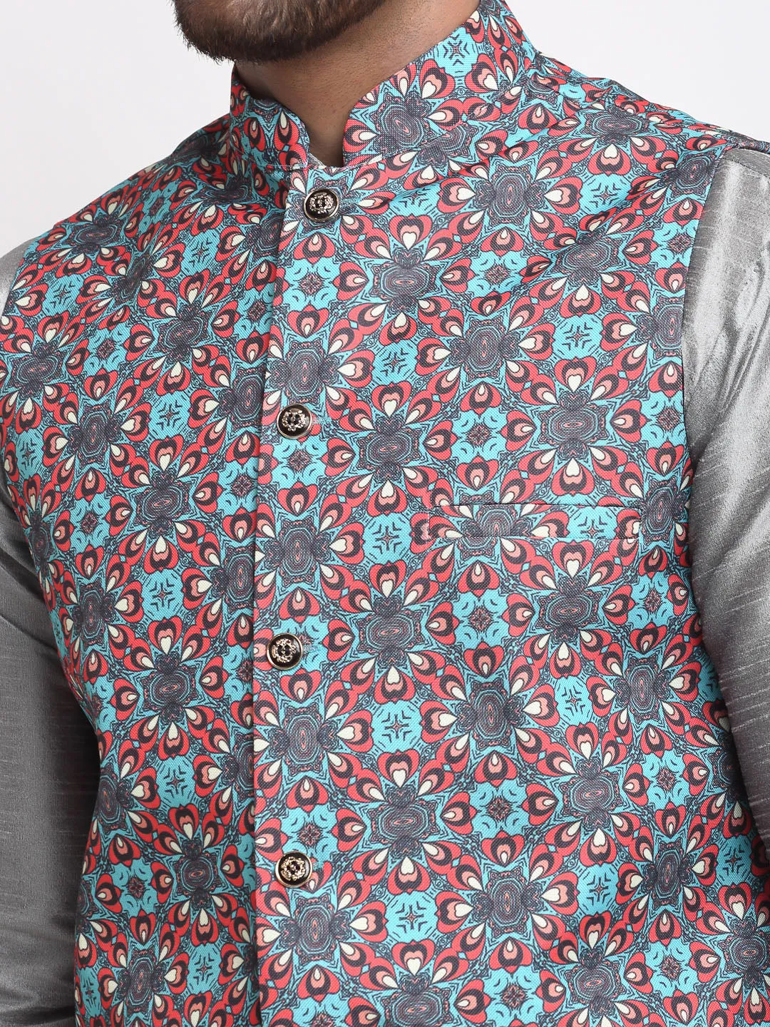 Men's Silk Blend Grey Kurta With Pyjama & Sky Blue Printed Nehru Jacket - Benstoke