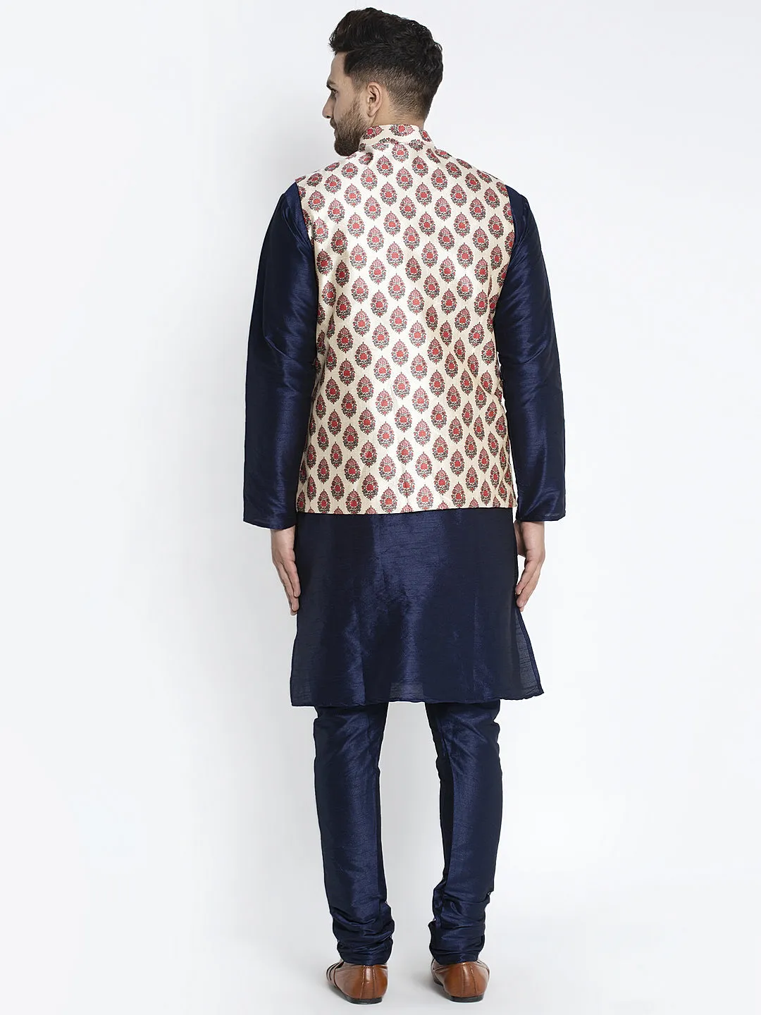 Men's Silk Blend Navy Blue Kurta With Pyjama & Cream Printed Nehru Jacket - Benstoke