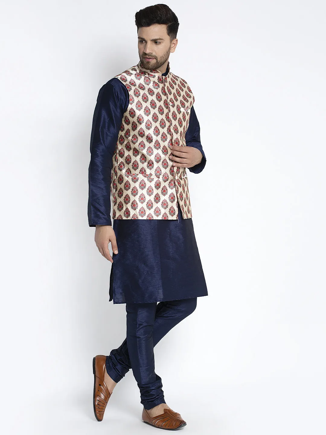 Men's Silk Blend Navy Blue Kurta With Pyjama & Cream Printed Nehru Jacket - Benstoke