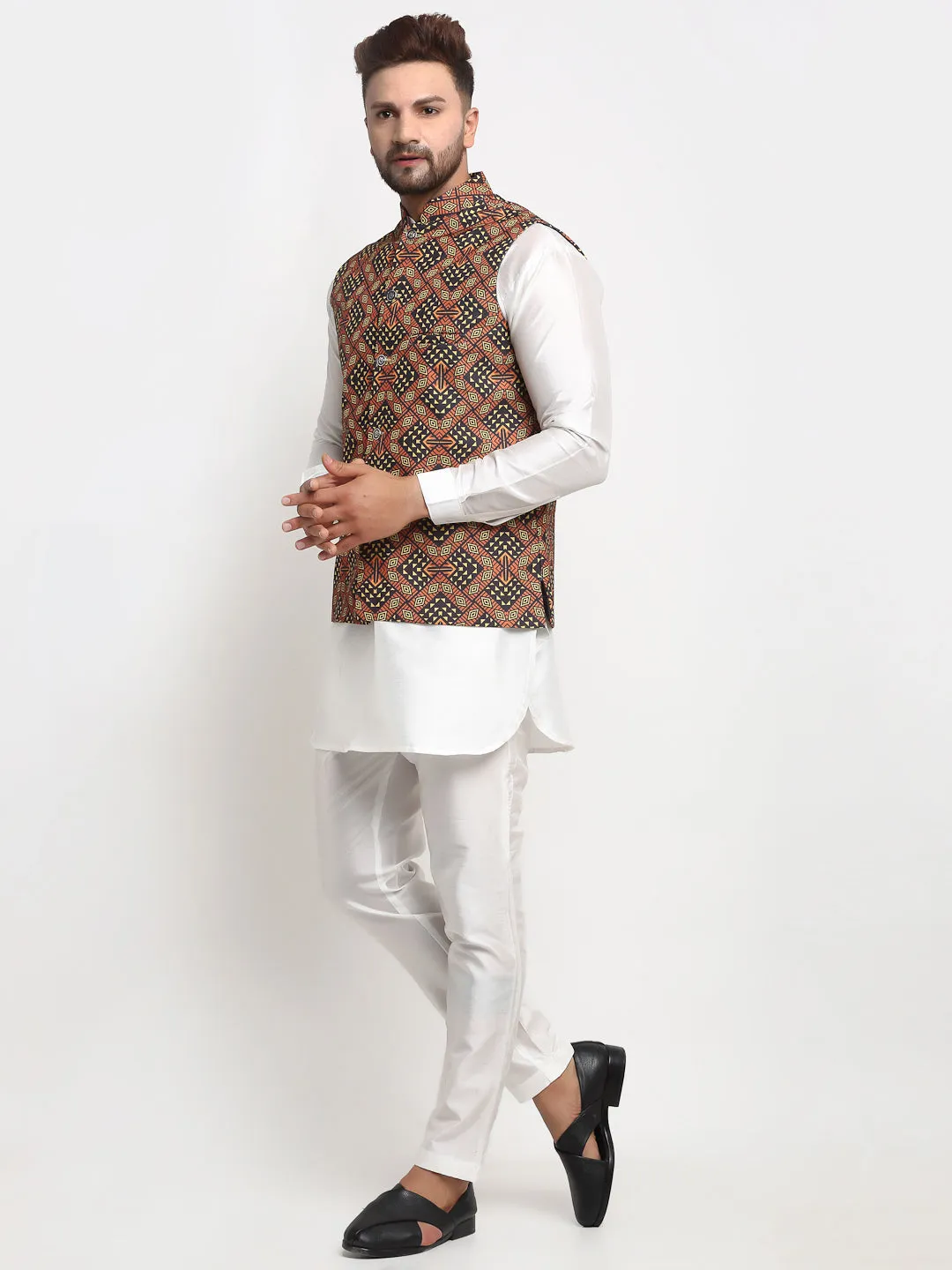 Men's Silk Blend White Kurta With Pyjama & Brown Printed Nehru Jacket - Benstoke