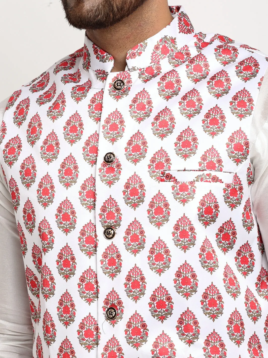 Men's Silk Blend White Kurta With Pyjama & Cream Printed Nehru Jacket - Benstoke