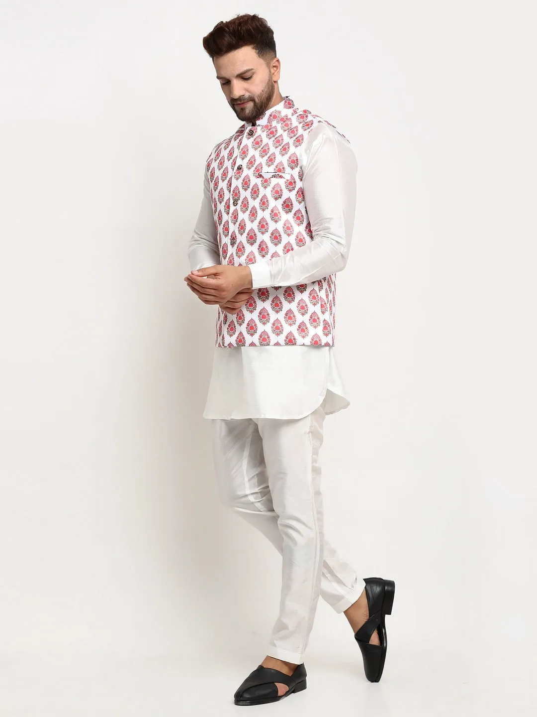 Men's Silk Blend White Kurta With Pyjama & Cream Printed Nehru Jacket - Benstoke