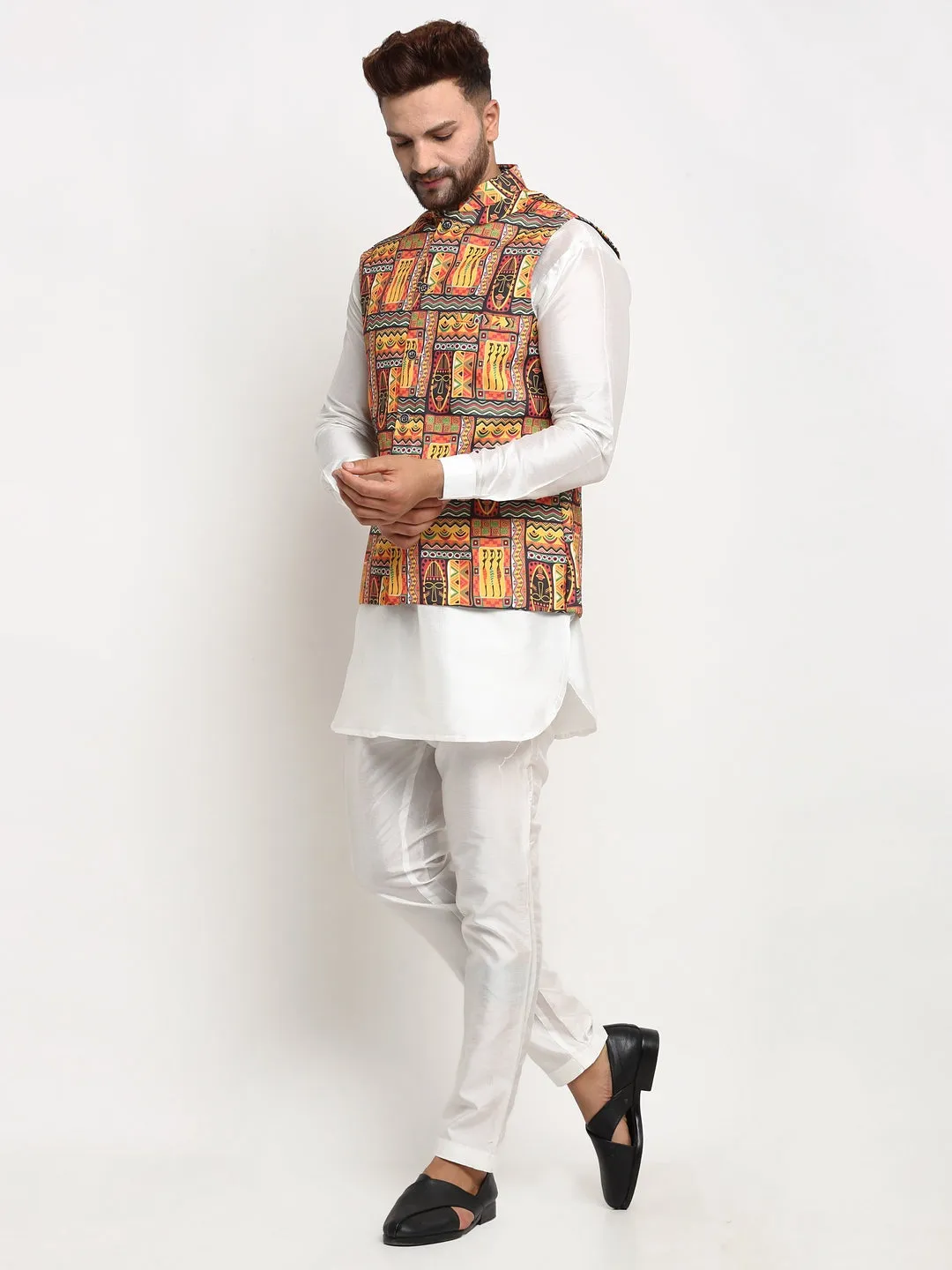 Men's Silk Blend White Kurta With Pyjama & Yellow Printed Nehru Jacket - Benstoke