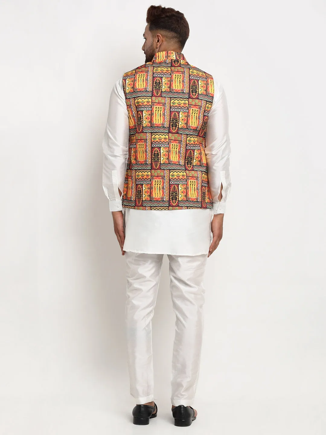 Men's Silk Blend White Kurta With Pyjama & Yellow Printed Nehru Jacket - Benstoke