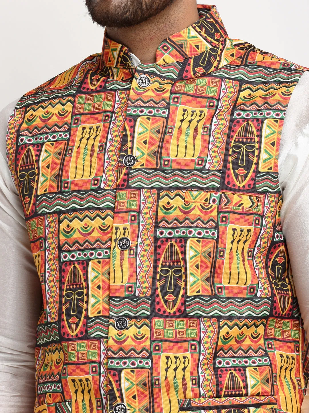 Men's Silk Blend White Kurta With Pyjama & Yellow Printed Nehru Jacket - Benstoke