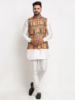 Men's Silk Blend White Kurta With Pyjama & Yellow Printed Nehru Jacket - Benstoke