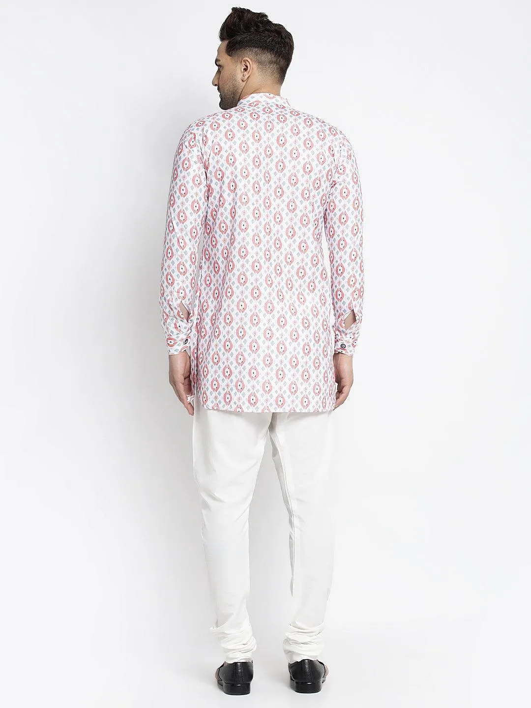 Men's White & Peach Printed Short Kurta With White Pyjama - Benstoke