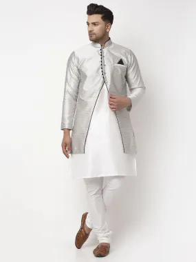 Men's White Kurta With Pyjama & Grey Self Design Jacket - Benstoke