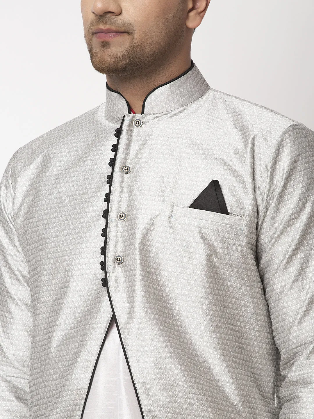 Men's White Kurta With Pyjama & Grey Self Design Jacket - Benstoke