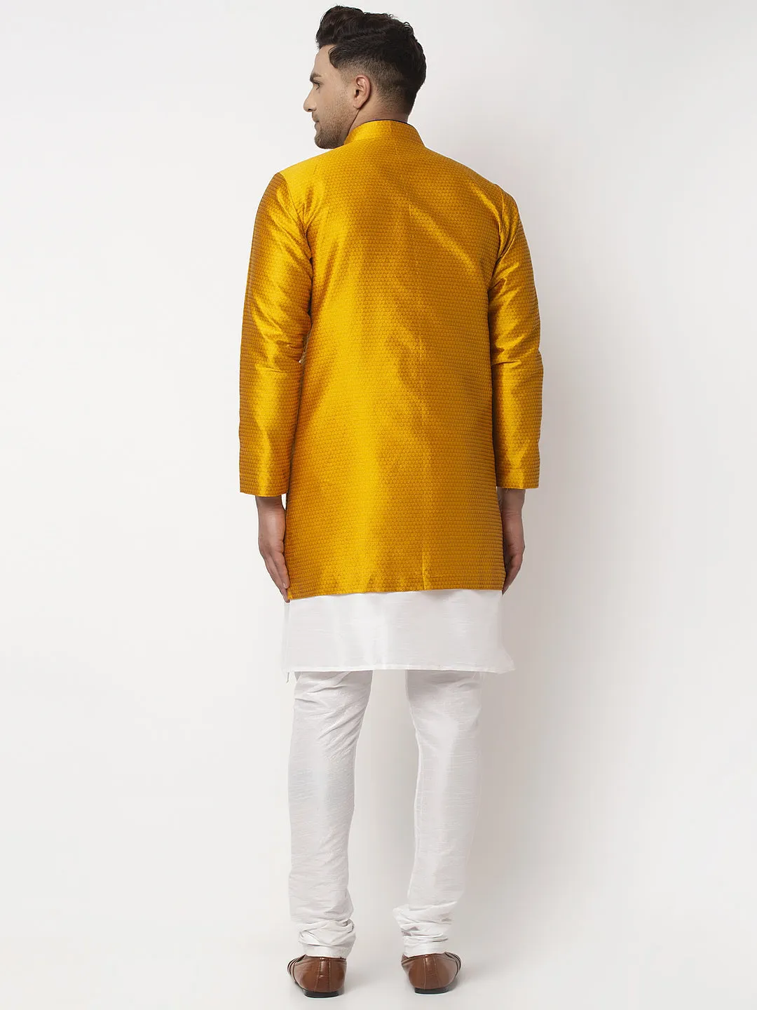 Men's White Kurta With Pyjama & Mustard Self Design Jacket - Benstoke