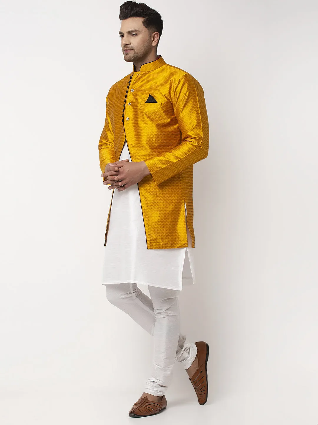 Men's White Kurta With Pyjama & Mustard Self Design Jacket - Benstoke