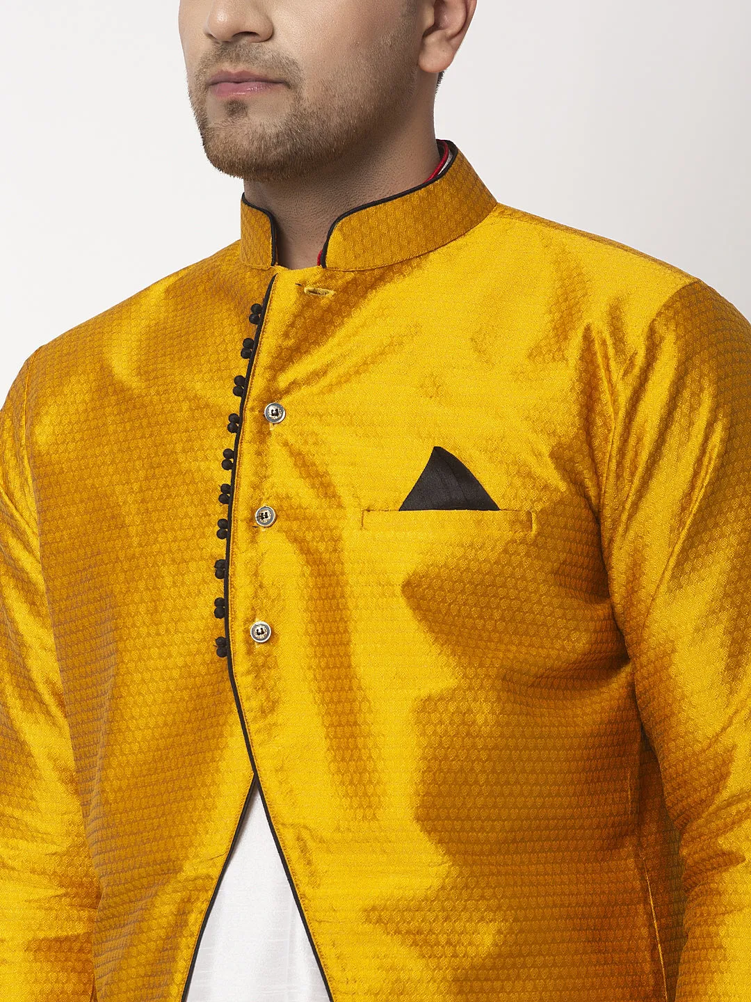 Men's White Kurta With Pyjama & Mustard Self Design Jacket - Benstoke