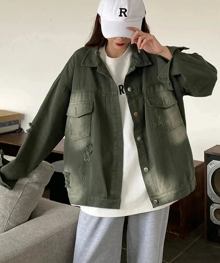 Metaversmall Spring Style Denim Coat Women Korean Vintage Cool Holes Tie Dye Loose Long Sleeve Green Jacket Women Cowboy Top Shirt