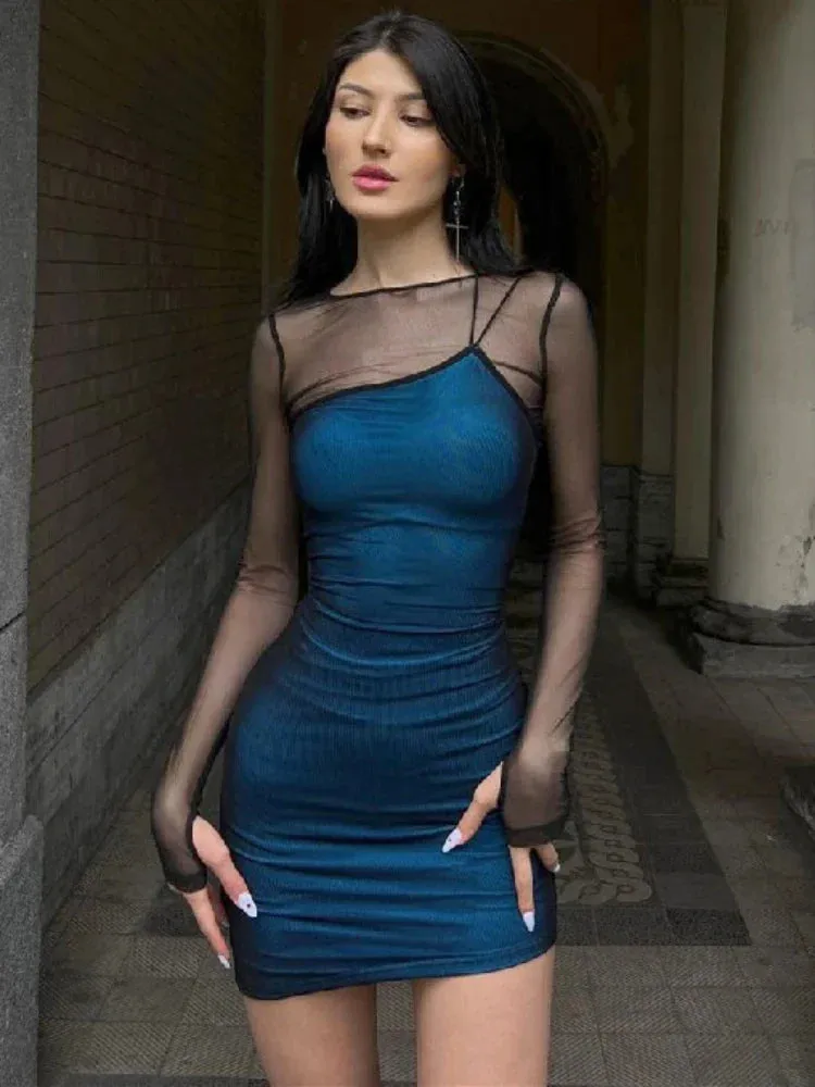 Mini Elegant Long Lace O Neck Mesh Sexy Sleeve Splice Dress