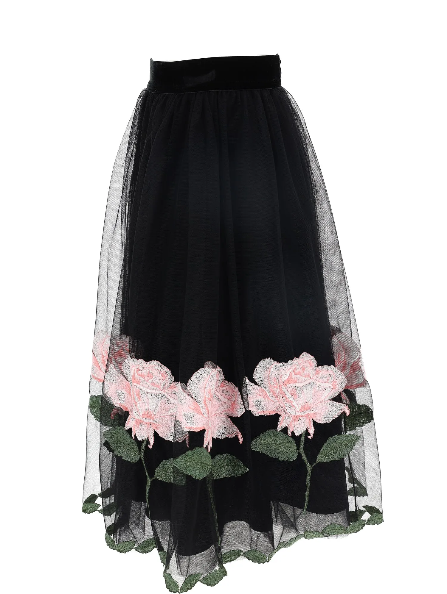 ML Black&Pink Roses Tulle Midi Skirt