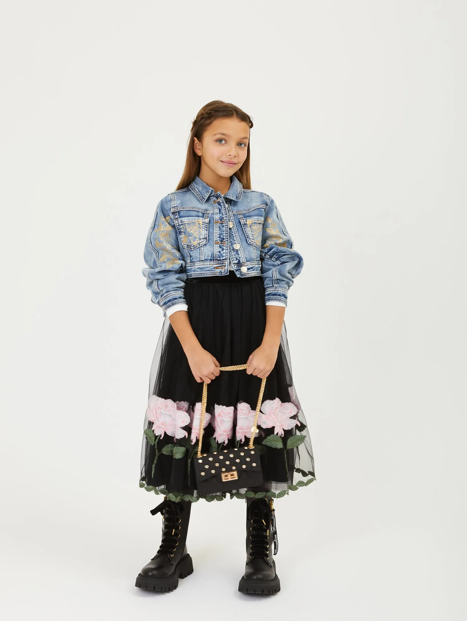 ML Black&Pink Roses Tulle Midi Skirt