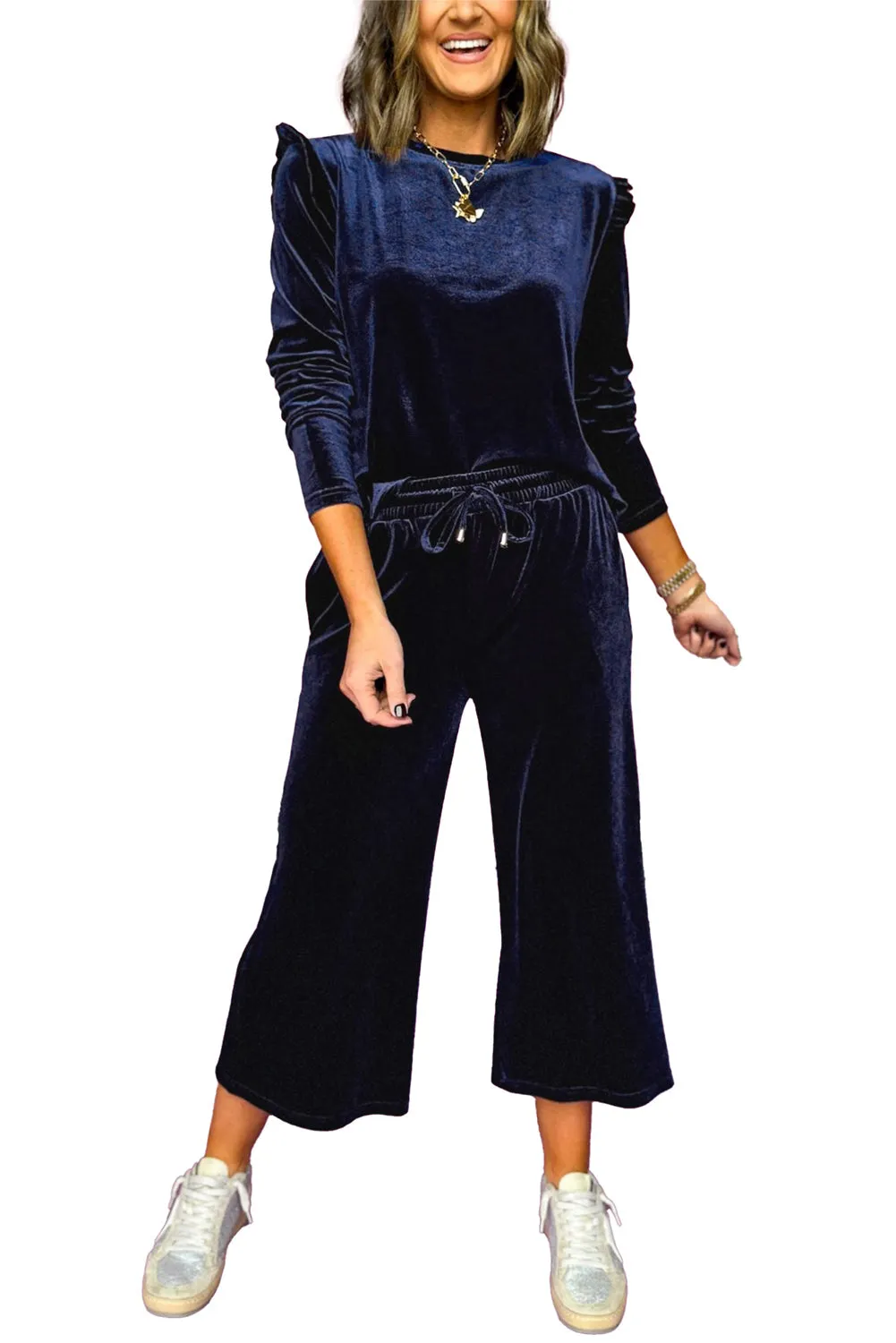 Navy Blue Velvet Ruffle Shoulder and Wide Leg Pants Set