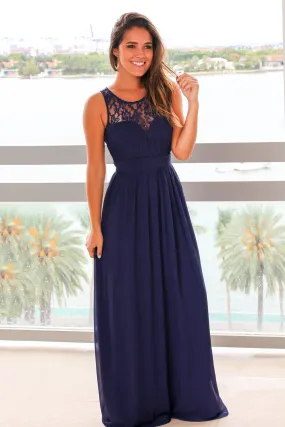 Navy Maxi Dress with Pleated Lace Top