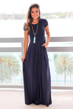 Navy Pleated Maxi Dress with Pockets