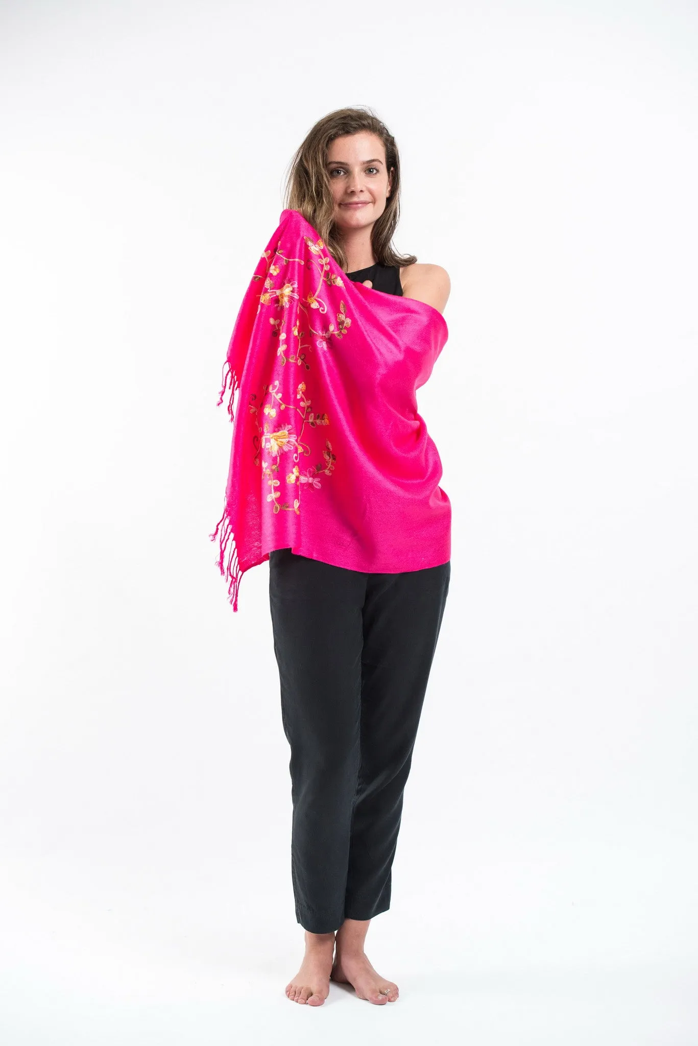 Nepal Floral Embroidered Pashmina Shawl Scarf in Pink