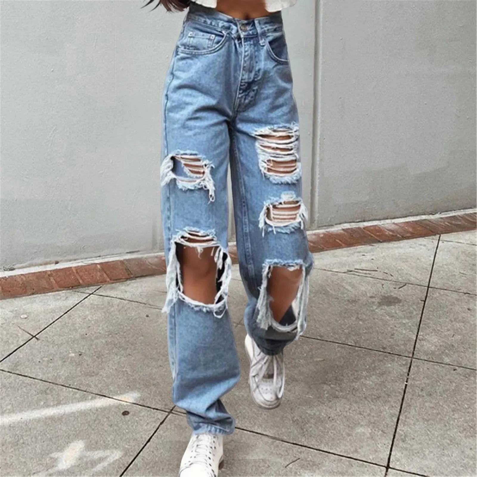 New Sexy High Waist Blue Washed Jeans Spring Summer Fashion Denim Loose Fit Wide Leg Casual Streetwear Women Pants