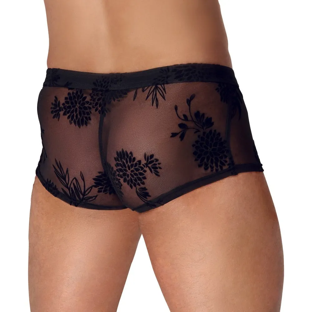 Noir Flora Flock Shorts Sheer Black