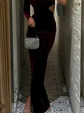 One Shoulder Velvet Cut Out Maxi Dress Women - Solid Long Sleeve Side Slit Party Elegant Evening 2024