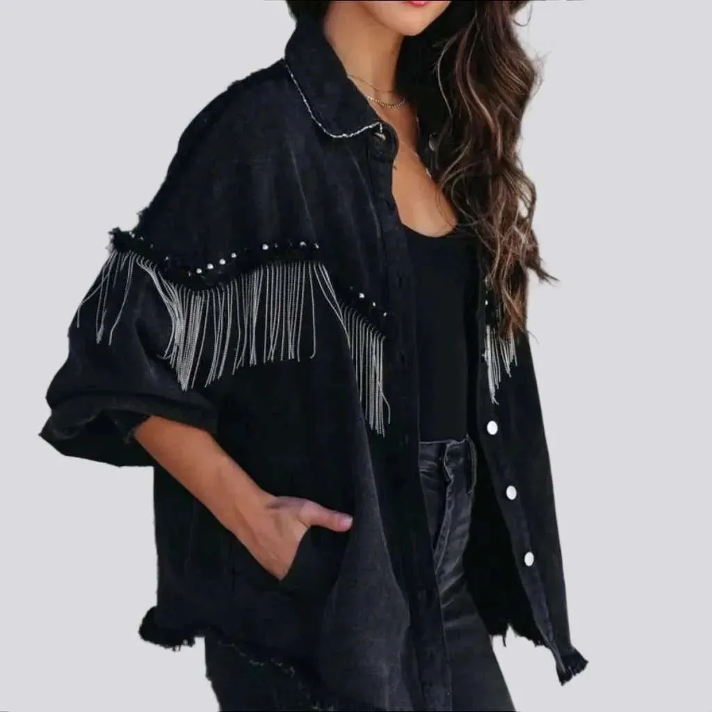 Oversized fringe women's denim jacket