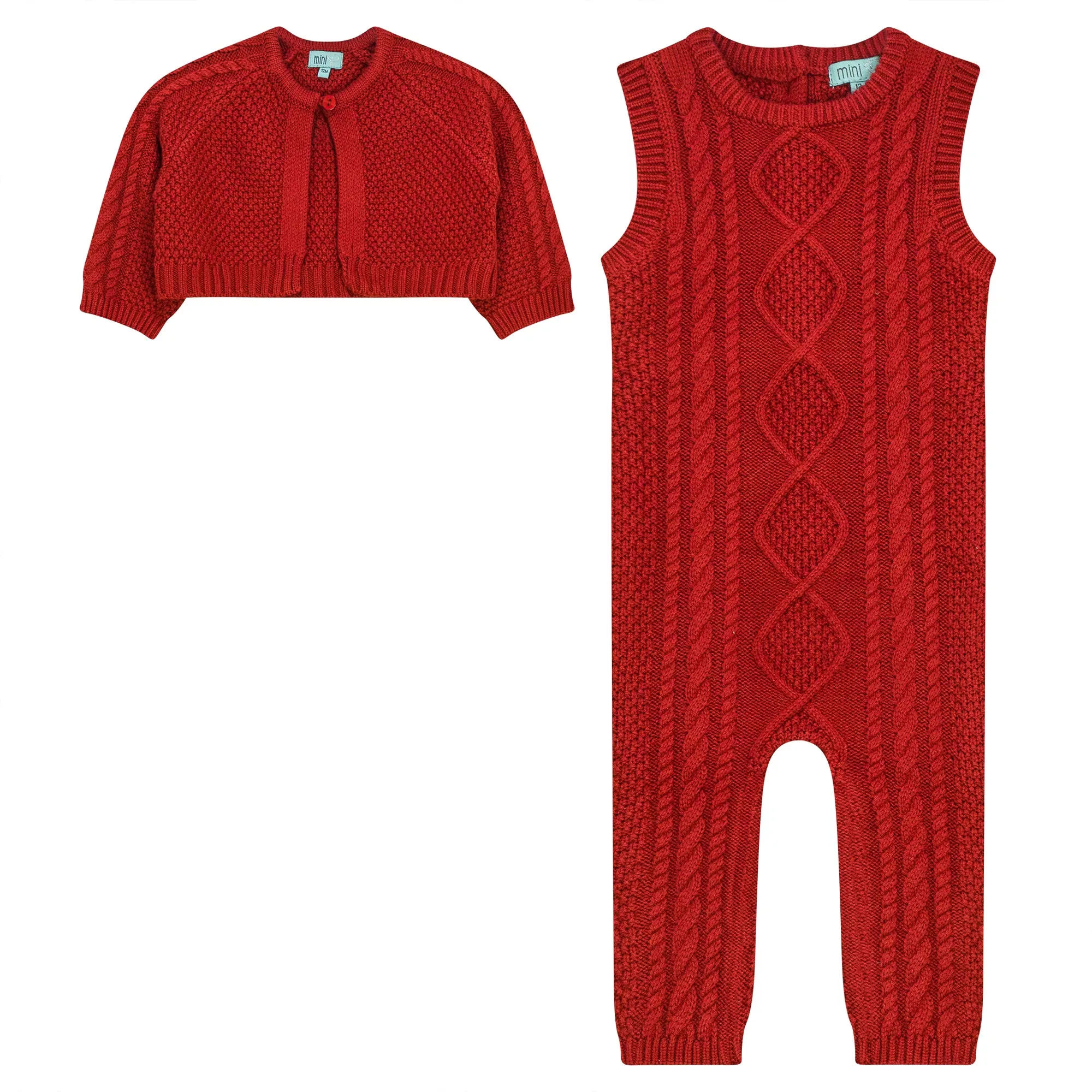 P4626/24/28-CABLE CARDIGAN/OVERALL/HAT SET-RED